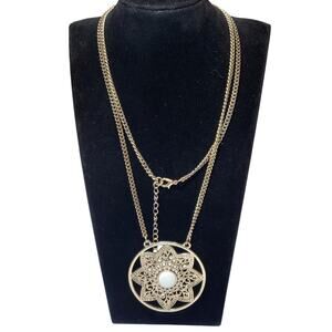 Boho Bohemian Star Clear Rhinestones White Cabochon Necklace Gold Tone 32"